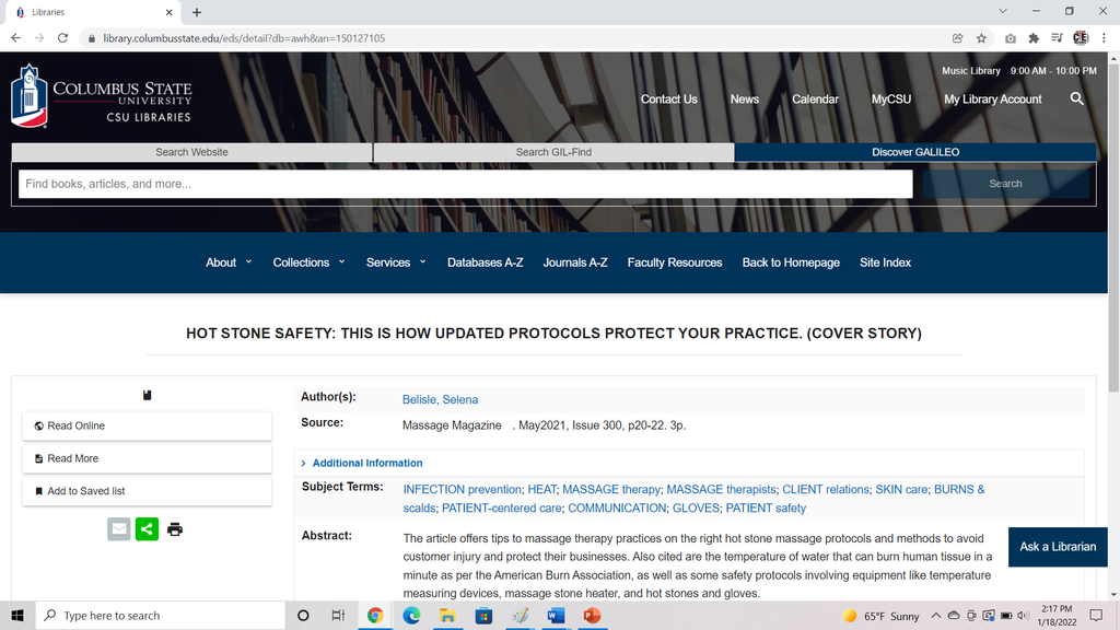 Instructor Selena Belisle's Hot Stone Safety Update Article has been Collected by Columbus State University Libraries