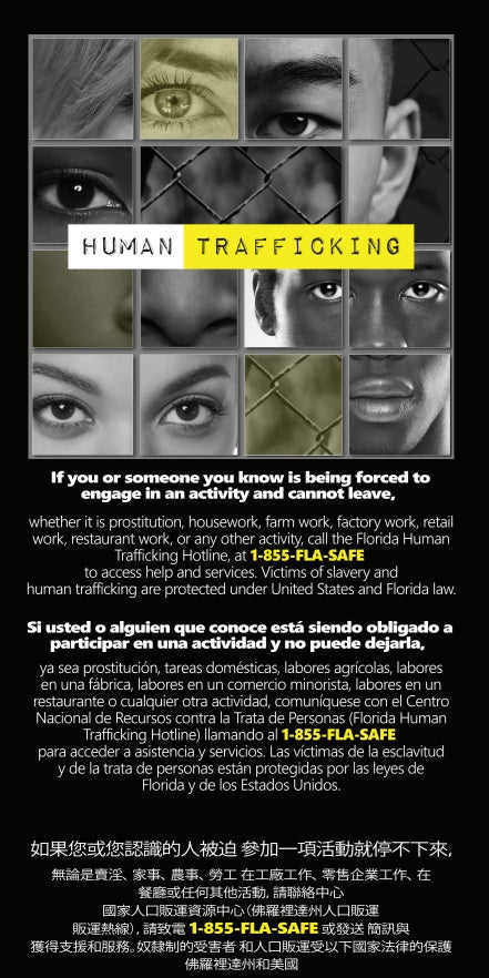 The Florida Board of Massage Human Trafficking Prevention Poster Requirement for Establishments