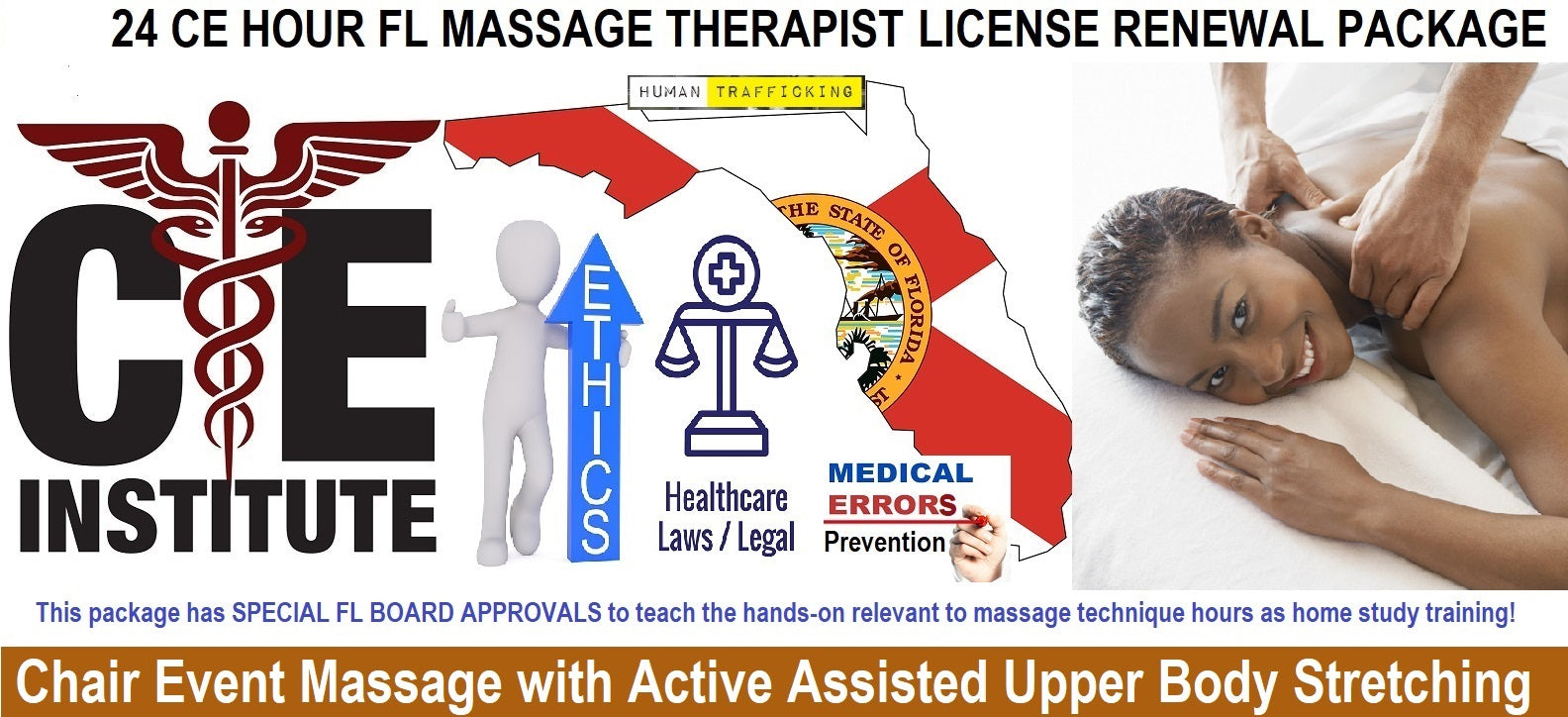 24 CE FL LMT Renewal Home Study Package Chair Event Massage with Active Assisted Upper Body Stretching with Medical Massage Training Elective