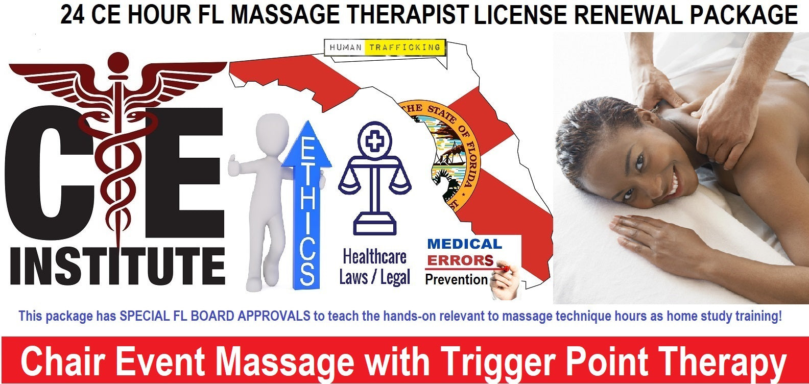 24 CE FL LMT Renewal Home Study Package Chair Event Massage with Trigger Point Therapy with Sanitation Training Elective