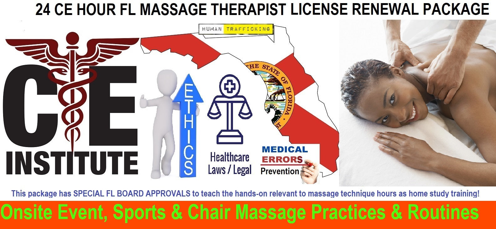 24 CE FL LMT Renewal Home Study Package Onsite Event, Sports & Chair Massage Practices & Routines with Sanitation Training Elective