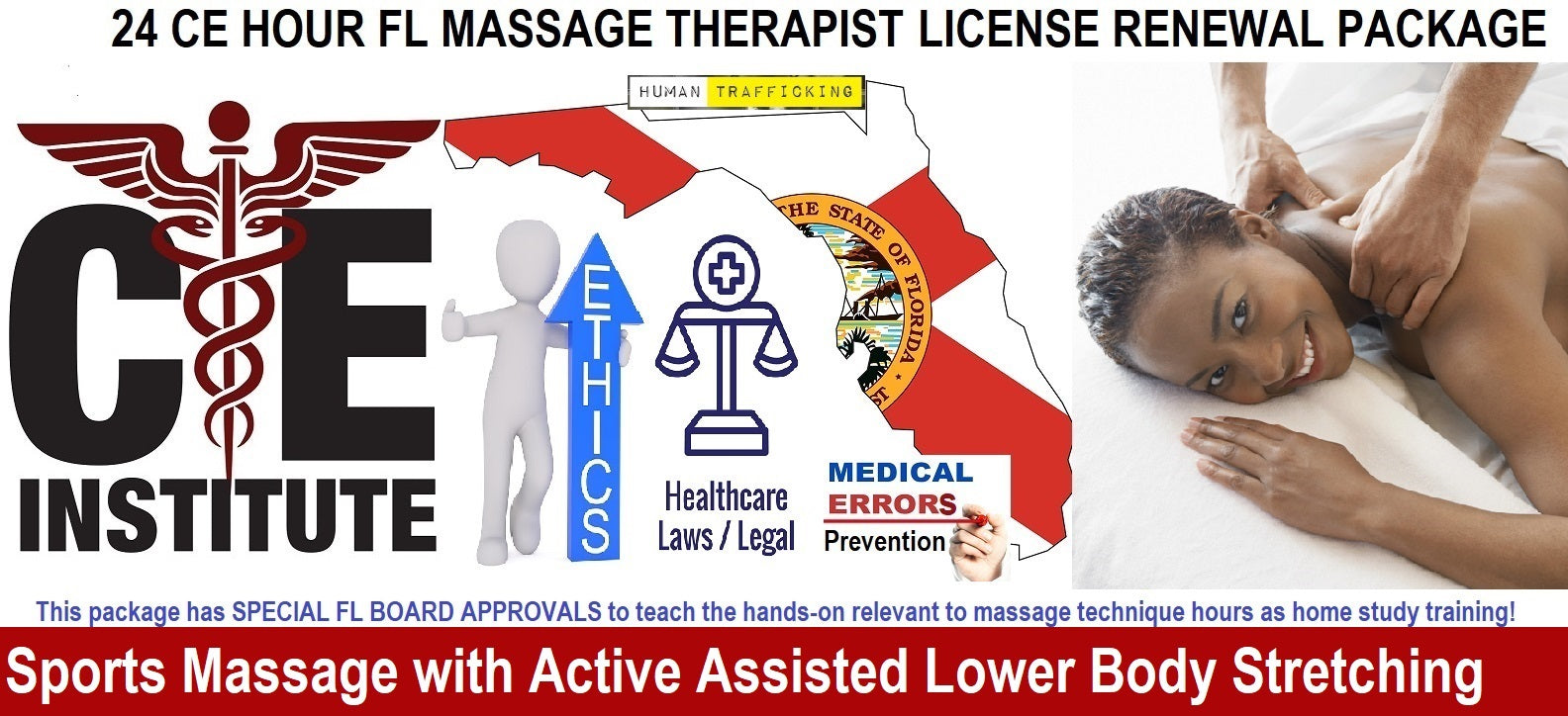 24 CE FL LMT Renewal Home Study Package Sports Massage with Active Assisted Lower Body Stretching with Sanitation Training Elective