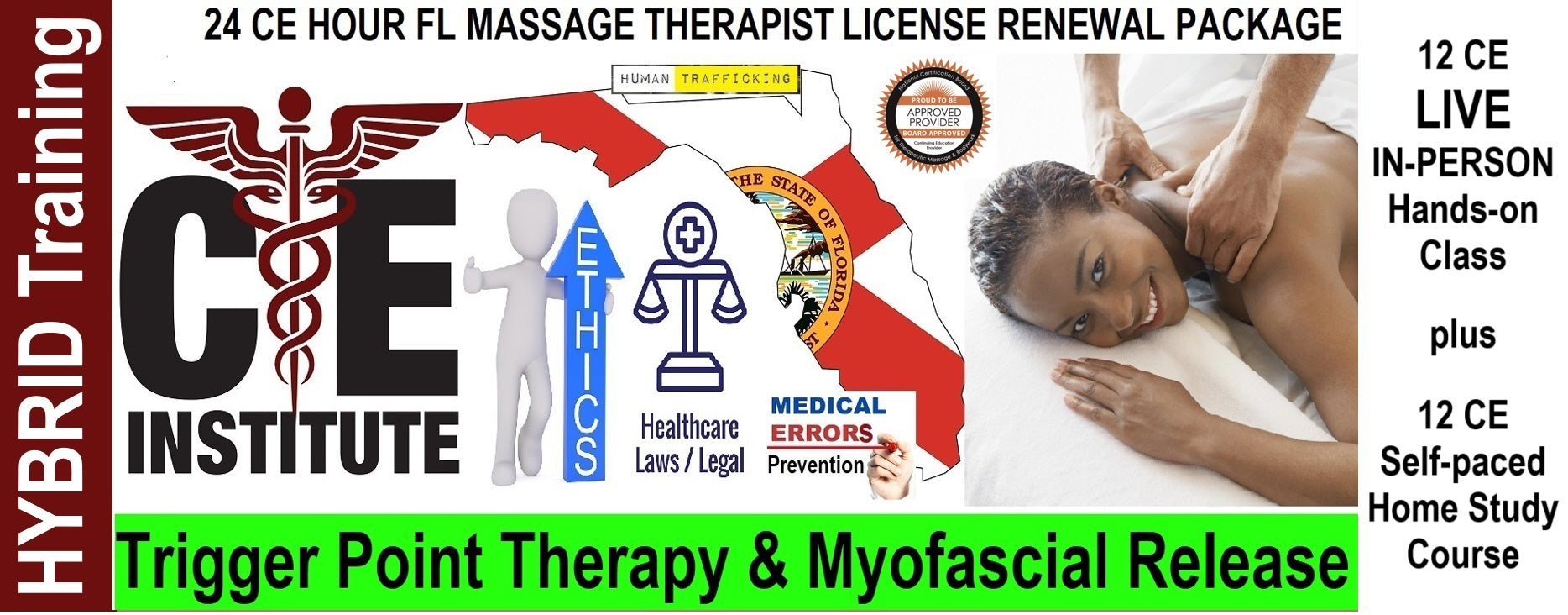 24 CE FL LMT Hybrid Renewal Package LIVE IN-PERSON 12 CE Hour Trigger Point Therapy & Myofascial Release + 12 CE Self-paced Home Study