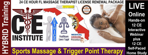 24 CE FL LMT Hybrid Renewal Live Webinar & Home Study Package: Sports Massage & Trigger Point Therapy with Sanitation Training Elective